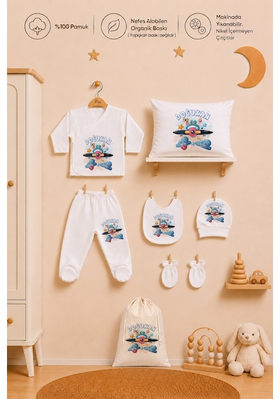 Pia Baby İsimli Erkek Bebek %100 Pamuk Zıbın Set Yastık Kılıfı Battaniyeli Kıyafet Keseli 2048zybk0x Ekru