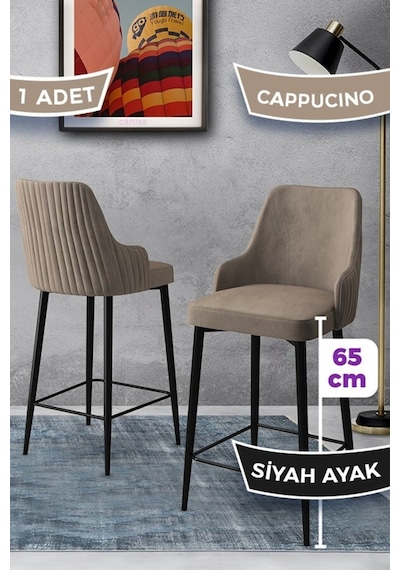Canisa Tera Serisi 1 Adet 65 Cm Cappucino Ada Mutfak Bar Sandalyesi Babyface Kumaş Siyah Metal Ayaklı Sandalyeler Cappucino Ayaklar Siyah