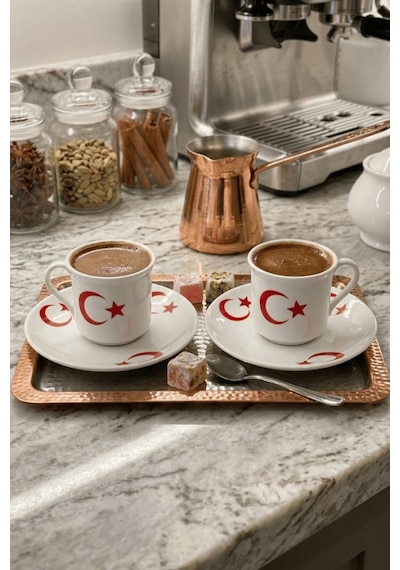 2'li Ay Yıldız Temalı Kahve Fincanı Seti - Baskılı Fincan Takımı beyaz