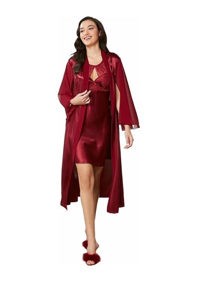 Pierre Cardin Saten Dantelli Gecelik ve Sabahlık Takımı 4375 Bordo