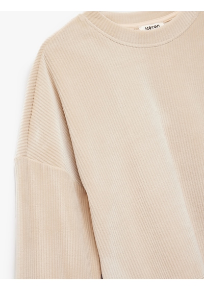 Koton Uzun Kollu Bisiklet Yaka Kalp Detaylı Fitilli Sweatshirt Bej 6wkg10188ak Ekru