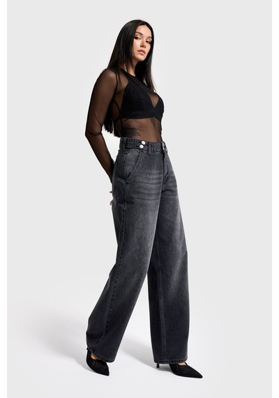 Itsbasic Kadın Füme Renk 2w5-1 Wide Leg Fit Bol Kesim %100 Koton Kemer Detaylı Denim Jean