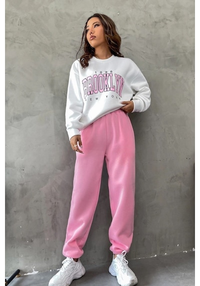1898 Brooklyn Eşofman Takımı Sweatshirt Jogger - Beyaz Pembe Baskılı Oversize Şardonlu Bisiklet Yak Beyaz Pembe