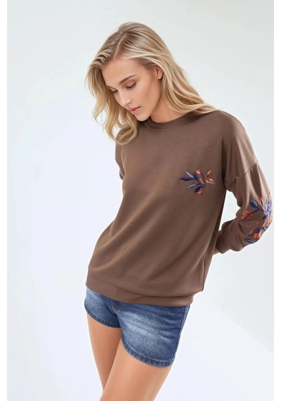 Fiolin Modal Dokulu İşlemeli Bisiklet Yaka Sweatshirt Kahve Rengi