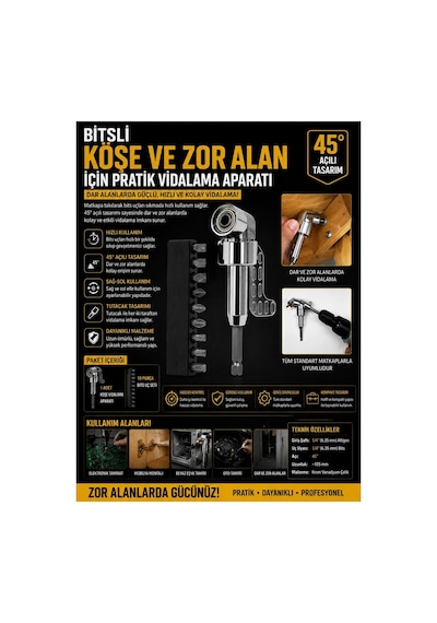 45 Derece Açılı Köşe Ve Zor Alan Pratik Vidalama Aparatı Matkap Ucu Uzatıcı Bits Setli