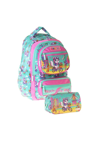 Kaukko Kids Cat Bike Yeşil - Pembe Kız Çocuk İlkokul Sırt Çantası Ve Kalem Çantası Seti - Setkk-l5328c Çok Renkli