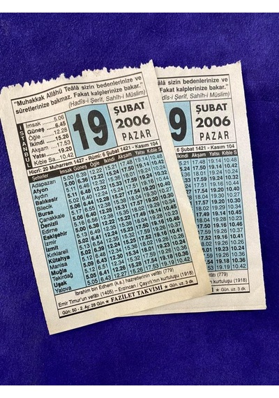 19 Şubat 2006 Takvim Yaprağı - Nostalji Koleksiyonluk Takvim Yaprağı