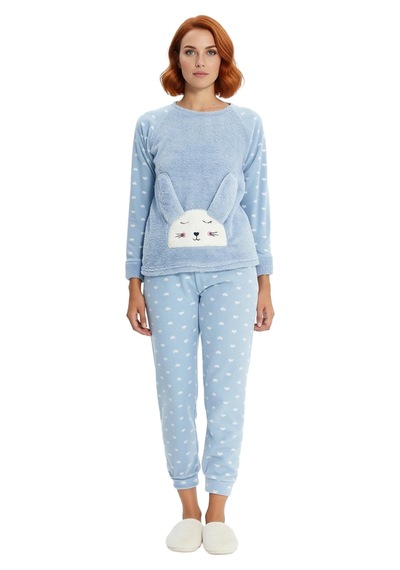 Frm Kadın Kalpli Polar Pijama Seti Ve Göz Bandı Hediyeli Fonksiyonel mavi