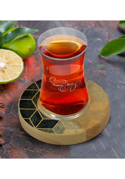 Kişiye Özel Mermer Tasarımlı Doğal Ahşap Tabaklı Heybeli Çay Bardağı Model 6