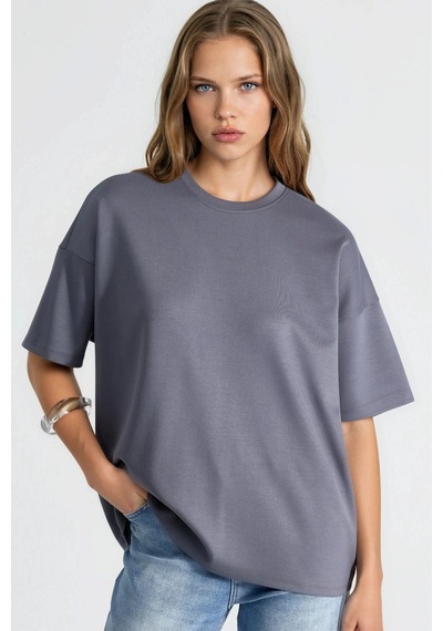 Hiccup Oversize Bisiklet Yaka Modal Touch Örme Tişört Gri