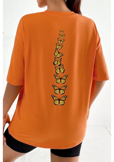Unisex Sırt Kral Kelebek Baskılı T-shirt Turuncu