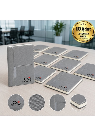 Logonuza Özel 10 Adet 2422 15 X 21 Termo Deri Cepli Çizgili Kurumsal Defter Seti Gri