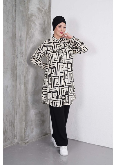 Polologin Butik Siyah Labirent Çizgili Tunik Ve Siyah Pantolon Takım Krem Siyah