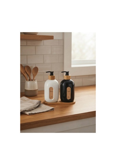 Cam Sıvı Sabunluk Seti 500 Ml 2'li Bambu Detaylı Mutfak Ve Banyo Sabunluk Takımı Beyaz - 894624291 Beyaz