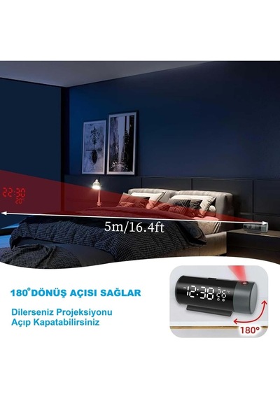 Modern Projeksiyonlu Silindir Led Çalar Saat Dijital Ekran, Usb, Sıcaklık & Çift Alarm Siyah