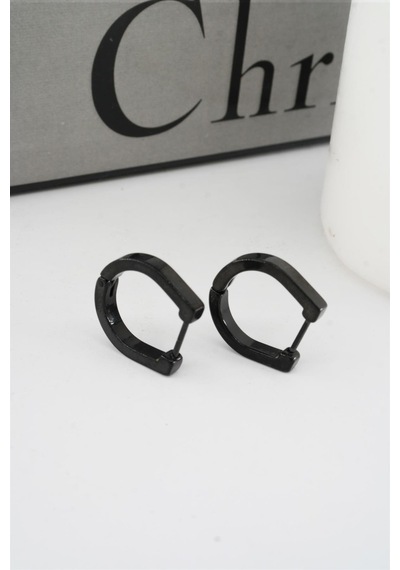 Kadın 316 L Paslanmaz Çelik 1.8 Cm Oval Model Küpe - Siyah