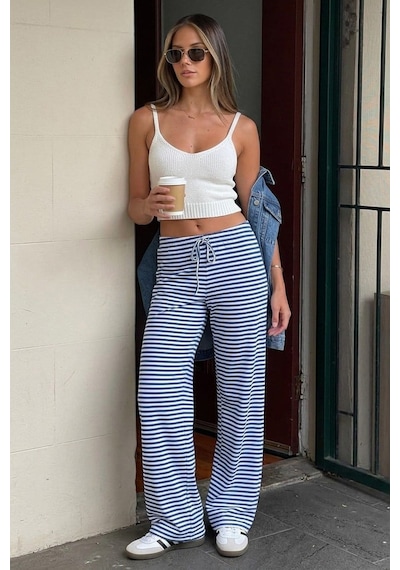 Madmext Mavi Çizgili Straight Fit Kadın Eşofman Altı Mg2786