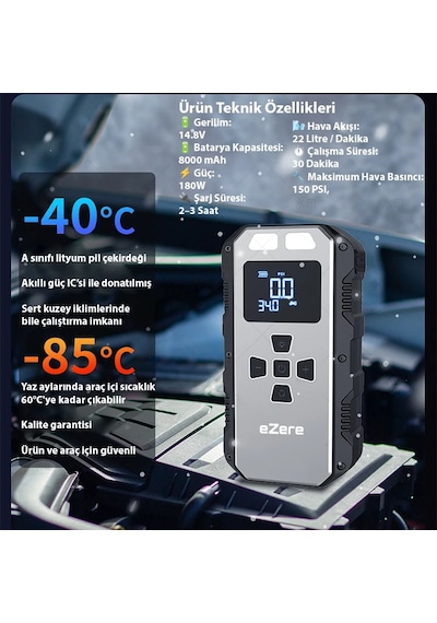 Ezere 4 İn1 8000mah Lastik Sisirme Pompası Ve Starter Akü Takviye Seti- 5775