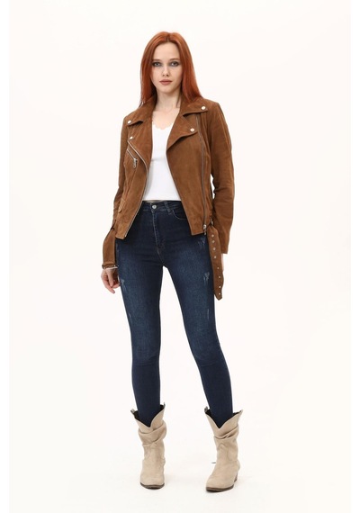 Leatinn Biker Taba Kadın Deri Mont