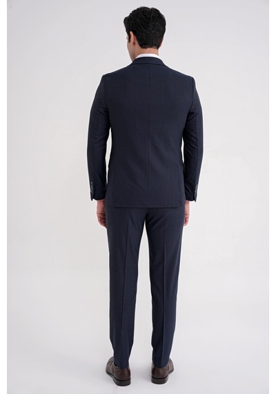 Efor Slim Fit Mono Yaka Çift Yırtmaç Armürlü Esnek Yünlü Lacivert Yelekli Klasik Takım Elbise Tk 933 Lacivert