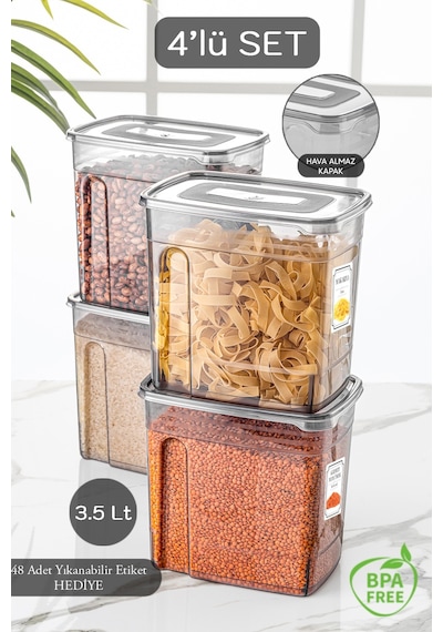 Meleni Home Lena Etiketli Kapaklı Erzak Saklama Kabı 4'Lü + Etiket 4 x 3.5 L
