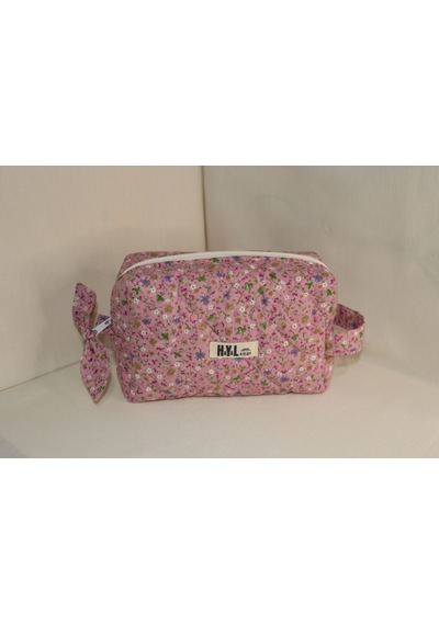 Pembe Çiçekli Kapitone Makyaj Çantası / Organizer - %100 Pamuk Kumaş Pembe - Mini Çiçekli