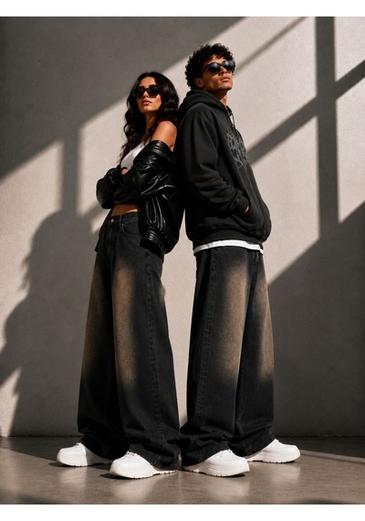 St.poll Vintage Efekt Eskitme Unisex Baggy Jean Pantolon Efekt Siyah