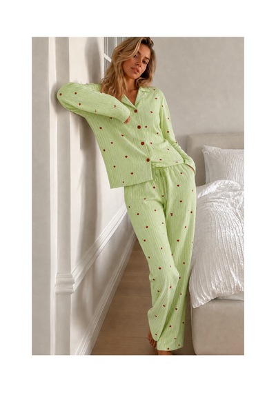 Fit Women Kadın Puantiyeli Uzun Kollu Düğmeli Yeşil Pijama Takımı