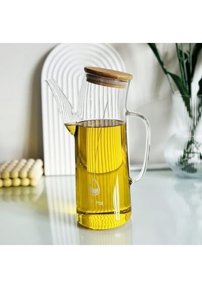 Bambu Kapklı Borosilikat Cam Yağlık & Sirkelik 1 Litre Isıya Dayanıklı & Sızdırmaz Tasarım Bambu Kapaklı Şeffaf Cam Yağdanlık 1000ml Acı Kahverengi