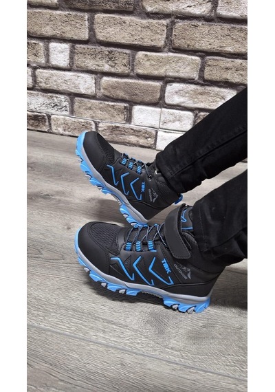 Rahat Konforlu Taban Outdoor Spor Cırtlı Çocuk Botu Siyah - Mavi