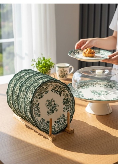 8 Parça Porselen Velour Green Pasta Seti-5687 Yeşil