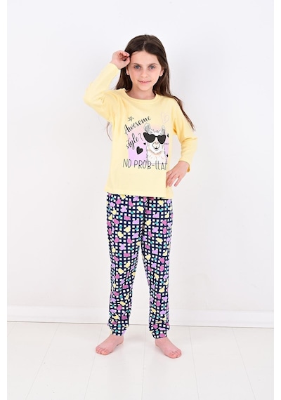 Uzun Kollu Kız Çocuk Pijama Takımı No Prob Lama Sarı