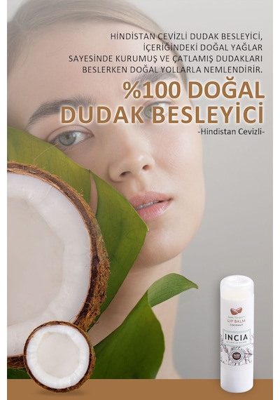 INCIA %100 Doğal Dudak Besleyici Hindistan Cevizi Bitkisel Nemlendirici Dudak Bakım Kremi 6 G