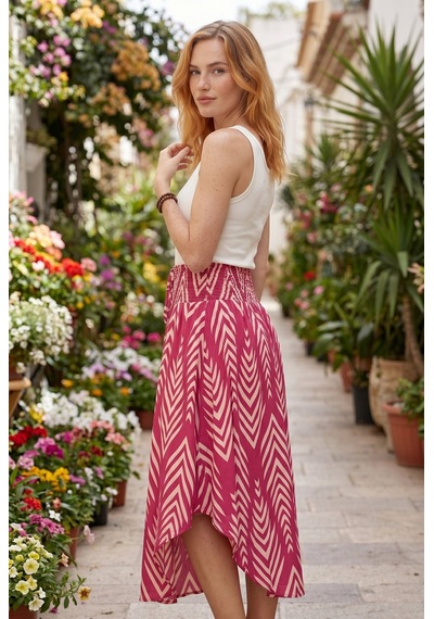 Soulshae Geometrik Desenli Beli Lastikli Asimetrik Midi Etek Pembe