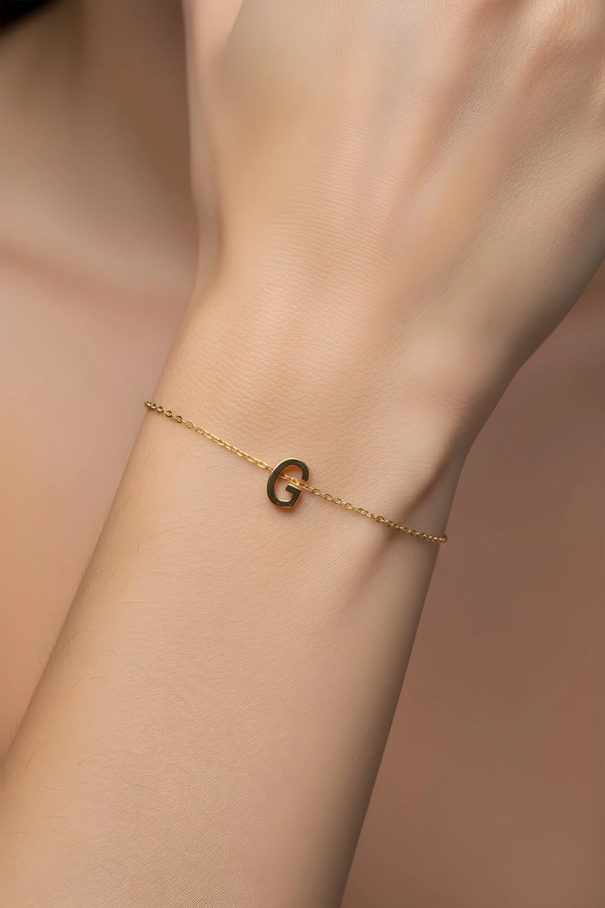 G Harfi 18 Ayar Sarı Altın Kaplama 18 Cm Gümüş Bileklik Sarı