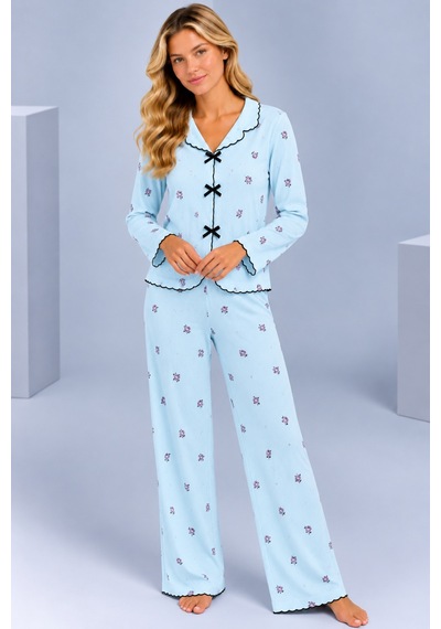 Pijamask Kadın Desenli Fiyonk Detaylı Düğmeli Uzun Kollu Müslin Pijama Takımı Bebe Mavisi Pijamask Kadın Desenli Fiyonk Detaylı Düğmeli Uzun Kollu Müslin Pijama Takımı Bebe Mavisi