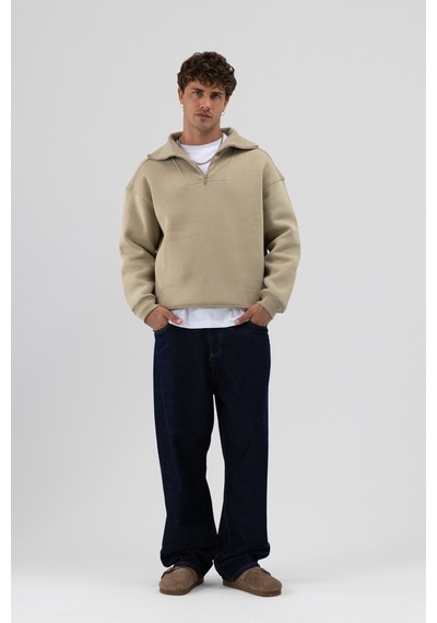 Vamos Basic Fermuarlı Dik Yaka Sweatshirt Haki