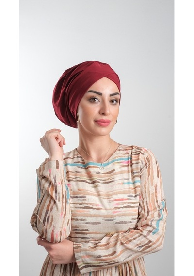 Hürrem Bone Bordo Pratik Hazır Geçmeli Tesettür Bone Sandy Kumaş Büzgülü 2114 Bordo