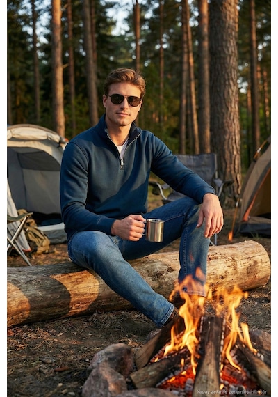 Buratti Pamuklu Regular Fit Yarım Fermuarlı Dik Yaka Erkek Sweat 59052592 Indigo