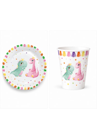 Dinozor Temalı Parti Seti 8'li Karton Tabak + 8'li Karton Bardak Doğum Günü Parti Malzemesi