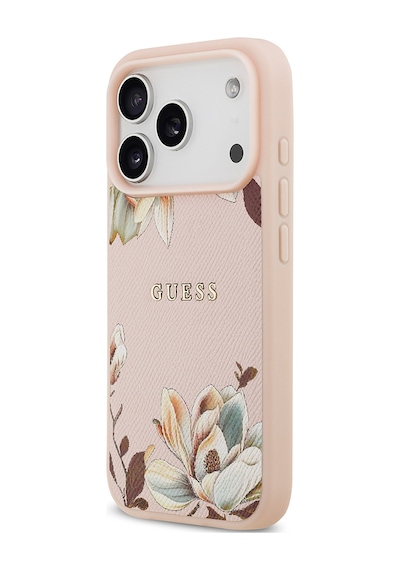Apple Uyumlu iPhone 17 Pro Kılıf Guess Lisanslı M-safeli Taneli Çiçek Tasarımlı Metal Yazı Logolu Pembe Pembe