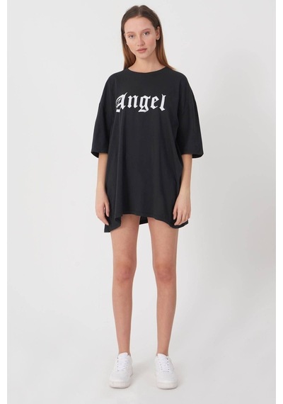 Blackjack Giyim Kadın Siyah Oversize Angel Tshirt Siyah