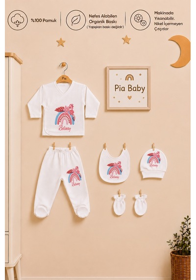 Pia Baby İsme Özel Kız Bebek %100 Pamuk Zıbın Şapka Önlük Eldivenli Set 2029zyx Krem