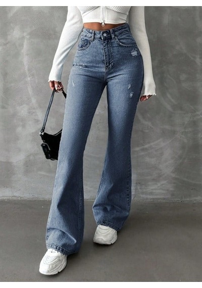 Herton Yüksek Bel İspanyol Paça Jean Pantolon - Eskitme Detaylı Full Pamuklu Flare Denim Bebe Mavi