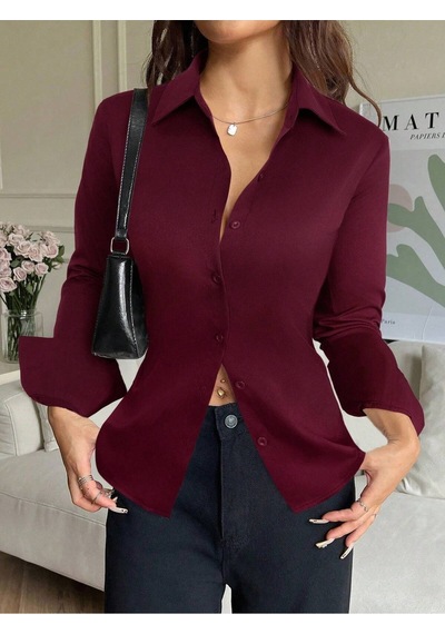Kadın Arkası Bağcıklı Gömlek Slim Fit Günlük Ve Ofis Kombin Modern Tasarım Bordo