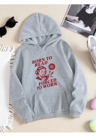 Uyguntarz Unisex Born To Read Baskılı Oversize Sweatshirt Gri