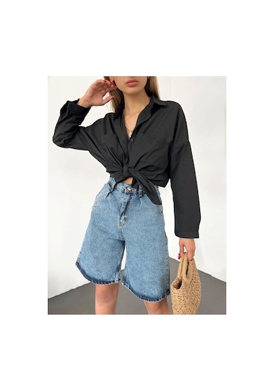 Nido Moda Kadın Yüksek Bel Geniş Paça Denim Şort Mavi