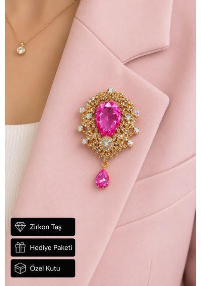 Pembe Damla Taşlı Zirkon Kadın Broşu Gold Renk Şık Tasarım Hediye Yaka Aksesuarı Açık Gri