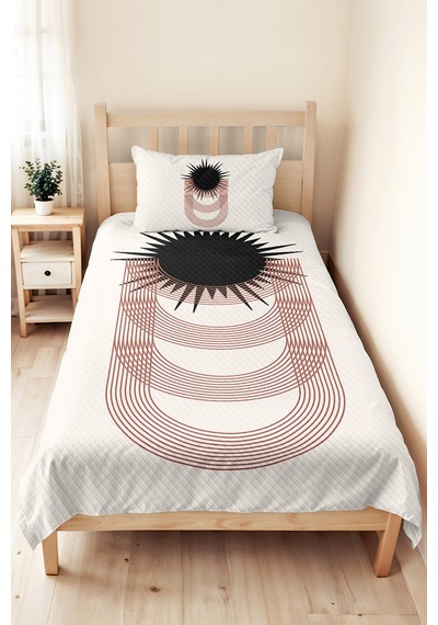 Siyah Geometrik Modern Tek Kişilik Pike - Bej Terracotta Çizgili 160x220 Cm Kapitone Yatak Örtüsü Naif İz Serabı