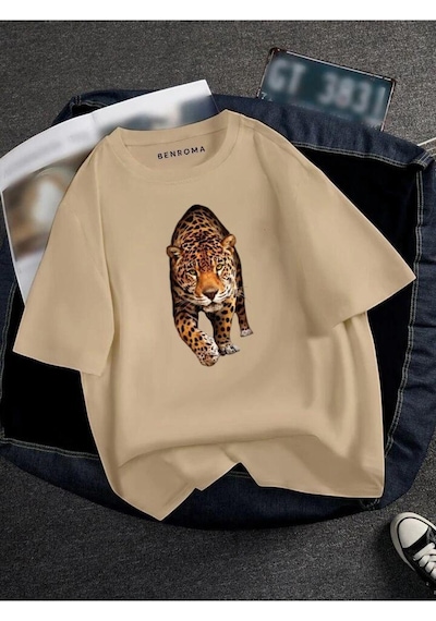 Kaplan Baskılı Oversize Unisex Tişört Bej